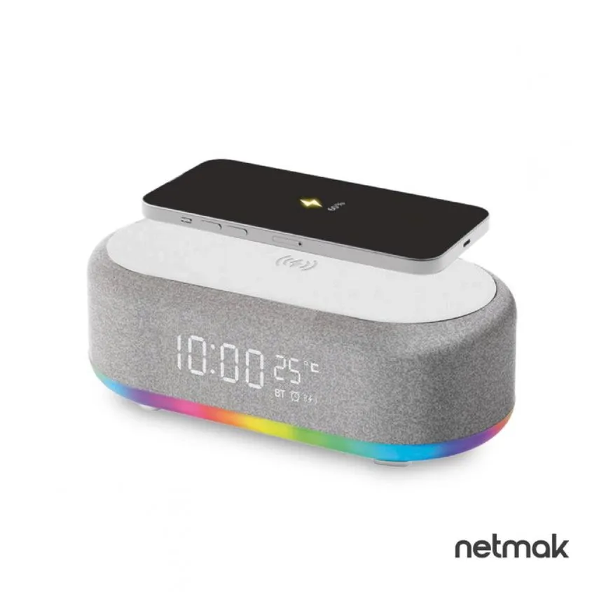 Reloj despertador c/ Parlante + Carga Inalambrica RGB Netmak