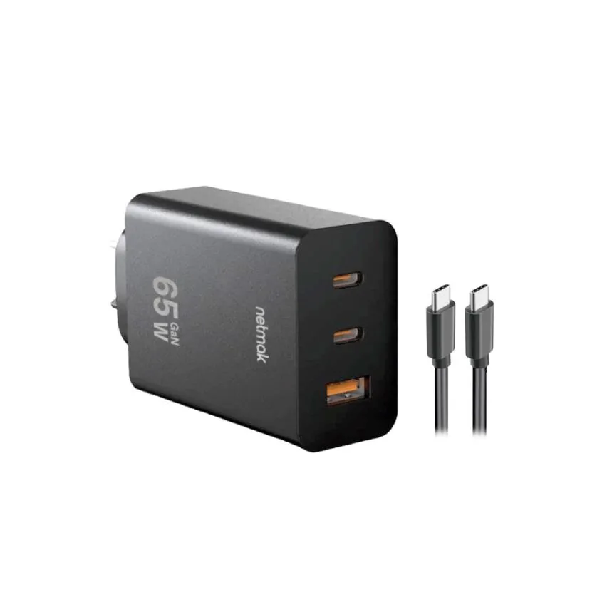 Cargador GaN 65W Ultra Rapido - Triple salida c/ cable Tipo-C Netmak