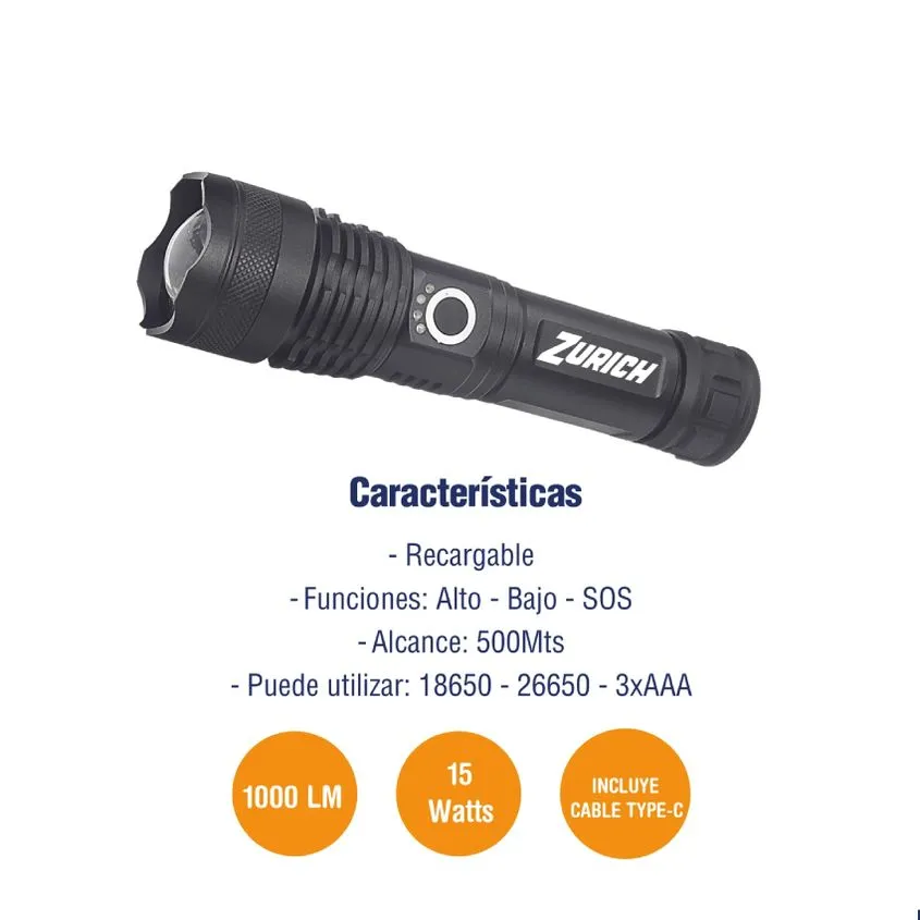 Linterna Tactica 15W 1000 Lumens Zurich 500 Metros