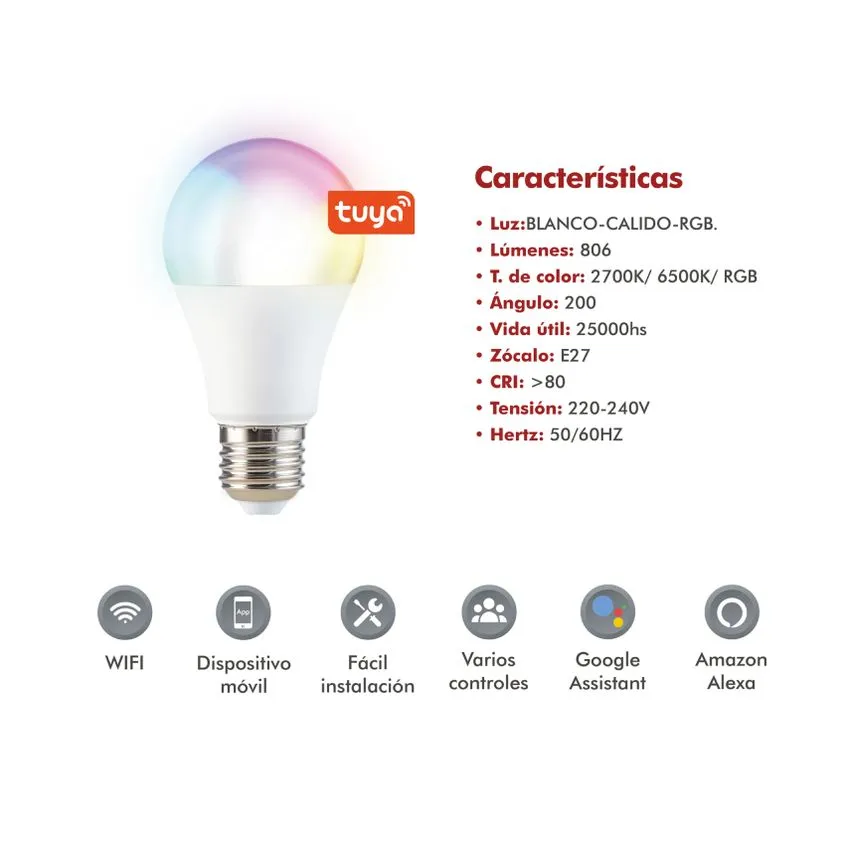 Bulbo Lampara Smart RGB Ficatto 10W Tuya/Alexa/Google