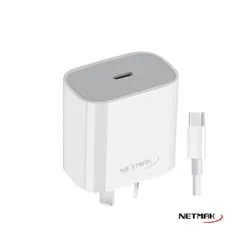 Cargador USB-C PD 20W Carga Rapida c/cable Tipo-c Netmak